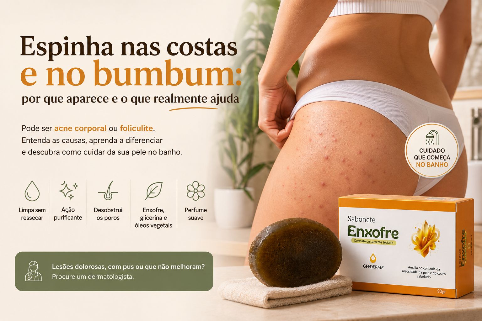 Espinha nas costas e no bumbum: acne corporal e foliculite tratadas com sabonete de enxofre glicerinado GHDERMA