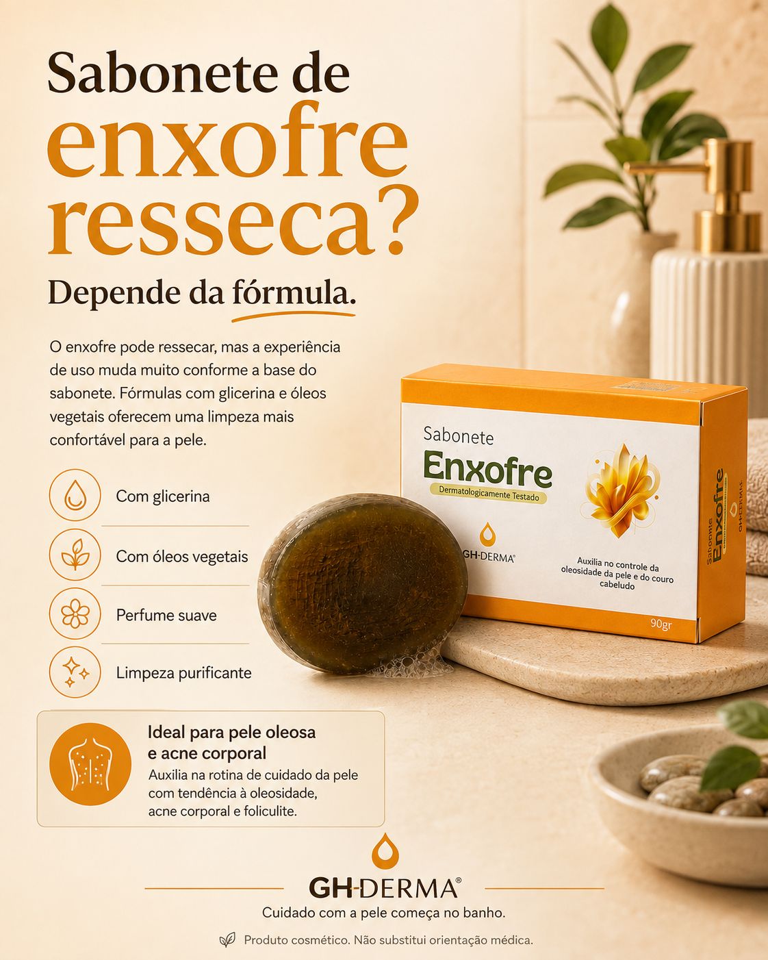 Sabonete de enxofre resseca? Sabonete de Enxofre Glicerinado GHDERMA com glicerina e óleos vegetais para limpar sem repuxar