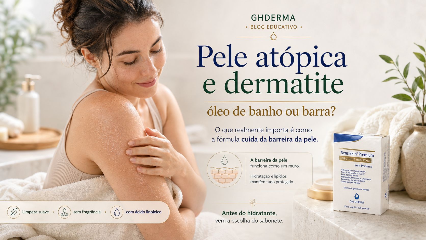 Sabonete para pele atópica: comparativo entre óleo de banho e sabonete em barra SensiSkin GHDERMA com glicerina, óleos vegetais e ácido linoleico