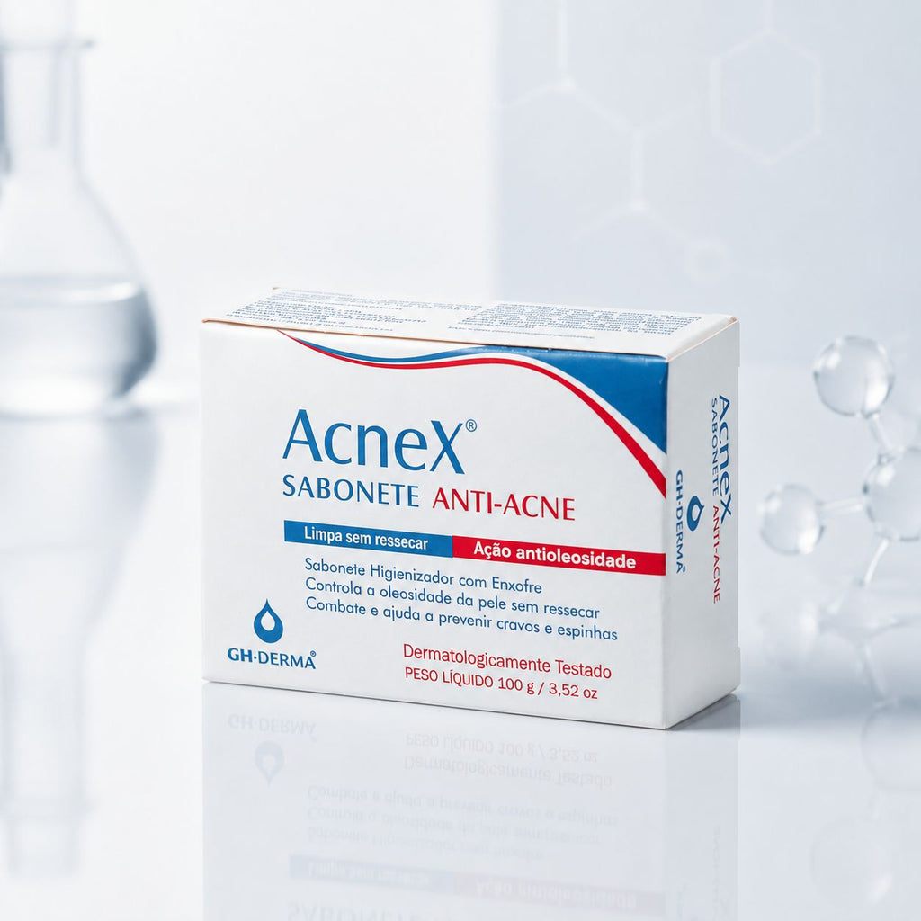 Sabonete Acnex GHDERMA 100g: caixa branca e vermelha do sabonete anti-acne com enxofre, que limpa sem ressecar
