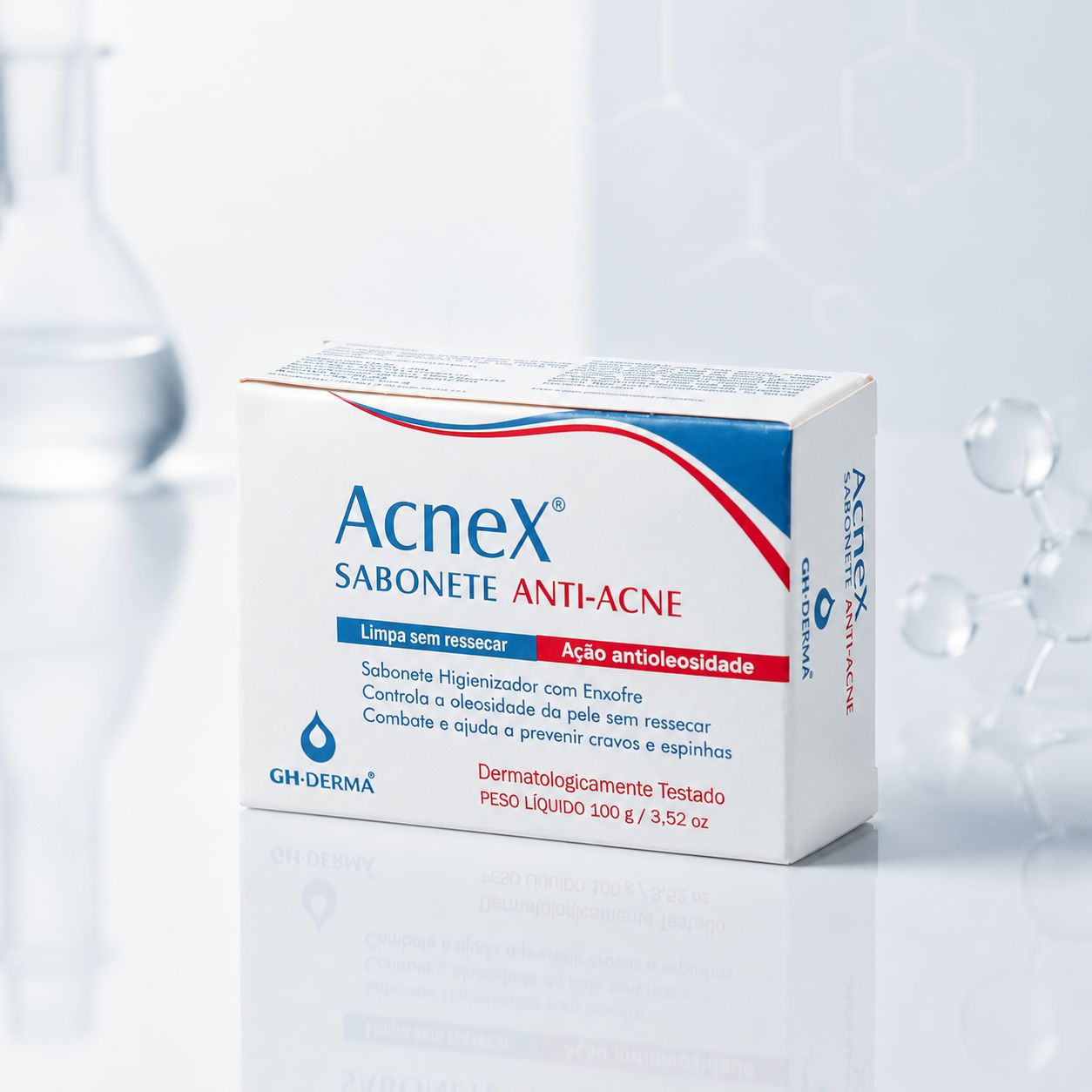 Sabonete Acnex GHDERMA 100g: caixa branca e vermelha do sabonete anti-acne com enxofre, que limpa sem ressecar
