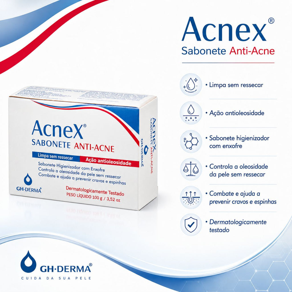Benefícios do Sabonete Acnex GHDERMA: limpa sem ressecar, ação antioleosidade, sabonete higienizador com enxofre, controla a oleosidade da pele e ajuda no cuidado de cravos e espinhas. Dermatologicamente testado