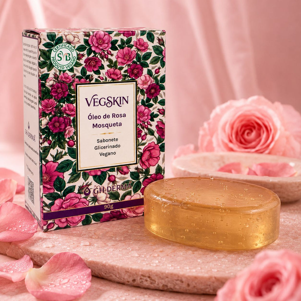 Sabonete VegSkin Óleo de Rosa Mosqueta 90g da GHDERMA: caixa com estampa floral e barra glicerinada âmbar translúcida sobre pedra rosa com pétalas de rosa