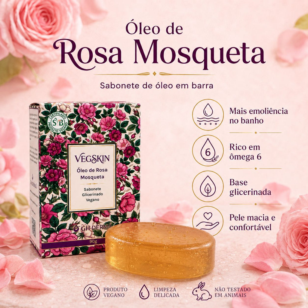 Benefícios do Sabonete VegSkin Óleo de Rosa Mosqueta, um sabonete de óleo em barra: mais emoliência no banho, rico em ômega 6, base glicerinada e pele macia e confortável. Produto vegano, de limpeza delicada e não testado em animais