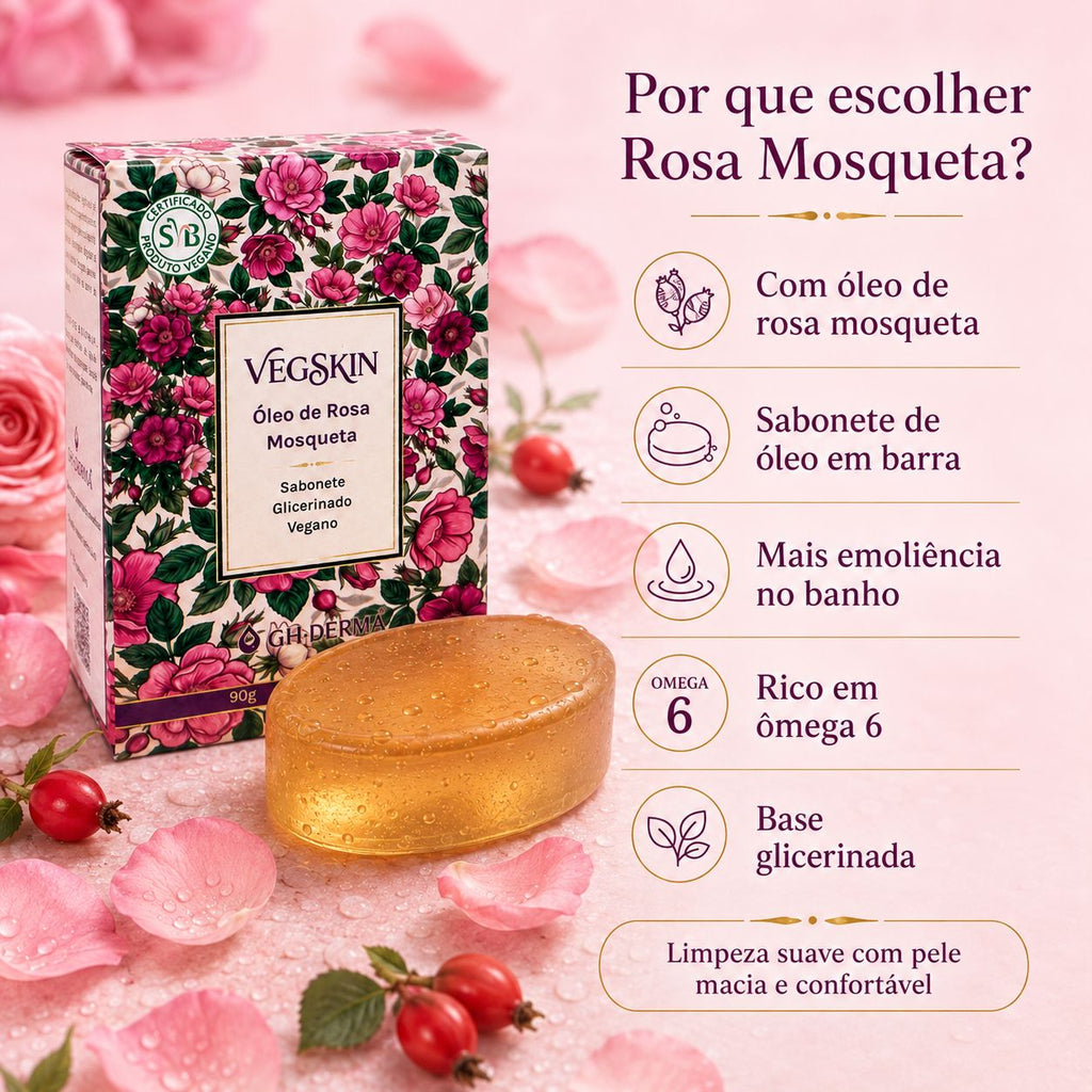 Por que escolher o Sabonete VegSkin Óleo de Rosa Mosqueta: com óleo de rosa mosqueta, sabonete de óleo em barra, mais emoliência no banho, rico em ômega 6, base glicerinada e limpeza suave com pele macia